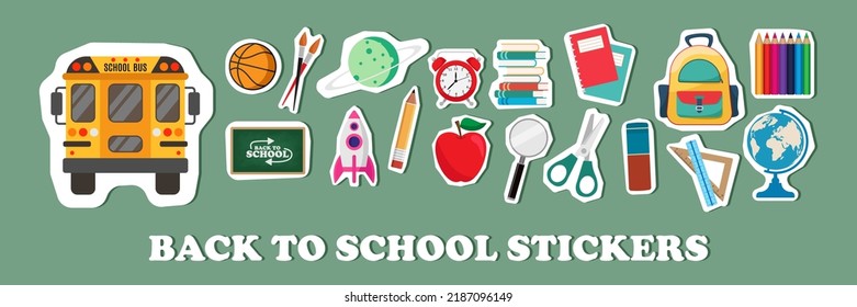 Set of school supplies or back to school and education stickers isolated on green chalkboard. Good for prints, cards and invitations decor, paper crafts, scrapbooking, stationary and products 