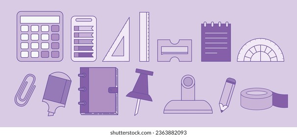 Set of school supplies or back to school and education hand drawn isolated on purple background. Good for prints, cards and invitations, paper crafts, scrapbooking, stationary and products