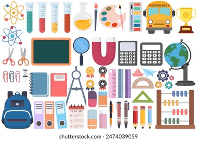 Set of school supplies or back to school and education flat icon vector isolated on white background.