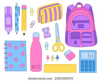 Set von Schulmaterial, zurück zur Schule, Schulmaterial, Rucksack, Marker, Stift, Bleistift, Bleistiftetui, Notizbuch, Flasche Wasser, Schere, Lineal, Taschenrechner, Stift, Büroklammer, Bleistiftspitzer, Radierer