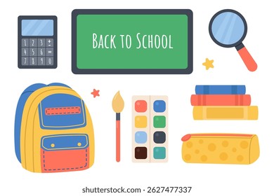 set of school supplies, back to school, education items, board, brush, textbook, books, calculator, paint, pencil case, magnifying glass, vector illustration