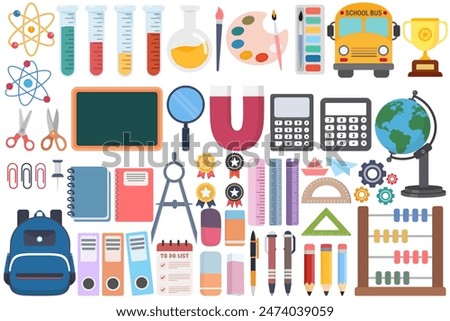 Set of school supplies or back to school and education flat icon vector isolated on white background.