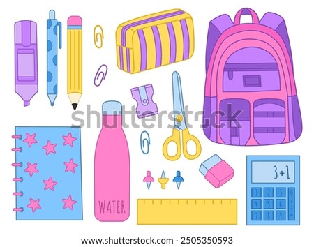 set of school supplies, back to school, education items, backpack, marker, pen, pencil, pencil case, notebook, bottle of water, scissors, ruler, calculator, pin, paper clip, pencil sharpener, eraser