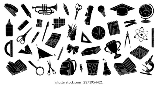 Set of school supplies. Back to school. Graduation cap, trophy, diploma, notebook, microscope, pencil, paper clip, eraser, schoolbag, globe, scissors