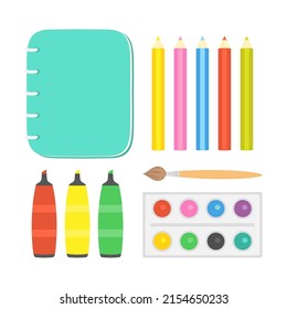 set with school supplies, back to school icons, stationery flat illustration, school objects in cartoon style, vector design elements copybook, colored pencils, paints with brush and markers