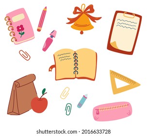 Set of school supplies. Back to school. Office supplies. Bell, pencil, case, notepad, markers, pencils, paper, clips, lunch box. Elements for studying. Vector illustration in cartoon flat style