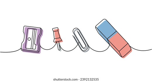 Set of school supplies. Back to school one line colored continuous drawing. Pencil sharpener, push pins, thumbtack, paper clip, rubber eraser.