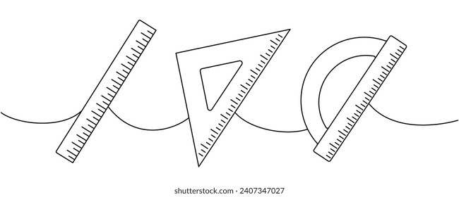 Set of school supplies. Back to school one line drawing. Ruler scale, protractor and triangle ruler, measuring tool continuous one line illustration.