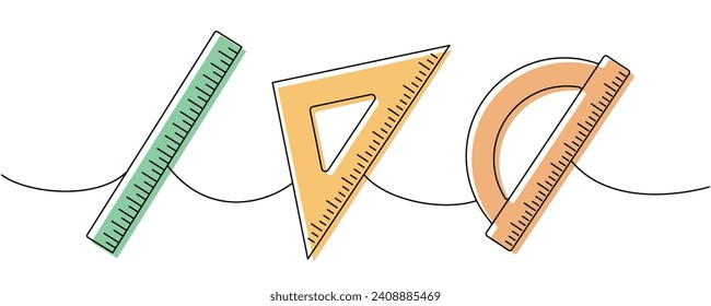 Menge Schulbedarf. Zurück zur Schule: eine Zeichnung. Lineal-Maßstab, Protraktor- und Dreieck-Lineal, Messwerkzeug mit kontinuierlicher 1-zeiliger Illustration.