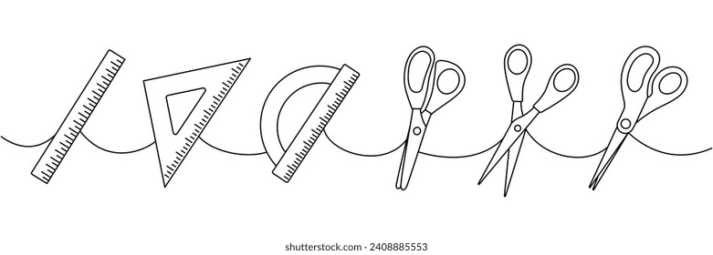 Equipo de material escolar. Volver a la escuela un dibujo continuo de una línea. Tijeras, escala de regla, regla de protractor y triángulo, herramienta de medición
