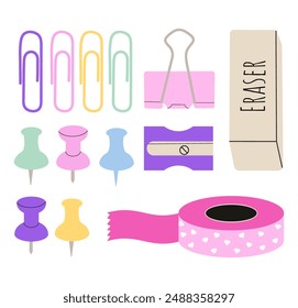 Set of school supplies. Back to school. paperclip, pin, sharpener, eraser, decorative colored tape. Suitable for prints, cards, scrapbooking, paper crafts. Vector illustration in a flat style.