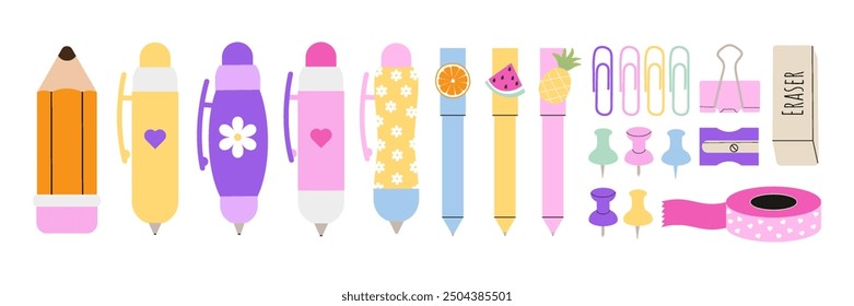 Set of school supplies. Back to school. Pen, pencil, paperclip, pin, sharpener, eraser, decorative colored tape. Vector illustration in a flat style.