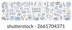Set of school supplies. Back to school. Template of a school poster with hand drawn accessories. Education, learning, knowledge concept. Vector illustration