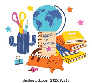 Set of school supplies. Back to school. Various accessories for study, student equipment. Cute school modern stickers.