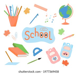 Set of school supplies. Back to school. Vector illustration. Education elements isolated on white background.
