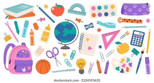 Set of school supplies. Back to school.  Vector hand draw illustration in a flat cartoon style. Various accessories for study, student equipment. Cute school modern stickers.