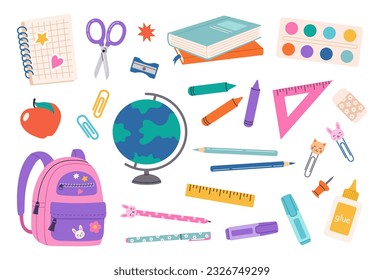 Set of school supplies. Back to school.  Vector hand drawn illustration in a flat cartoon style. Cute school stickers. Various accessories for study, student equipment.