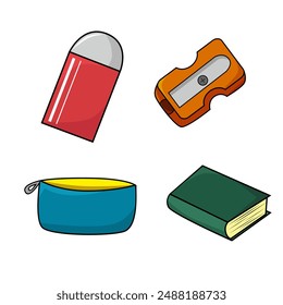 Set of school supplies. Back to school. Vector hand draw illustration in a flat cartoon style. Various accessories for study, student equipment. Cute school modern stickers.