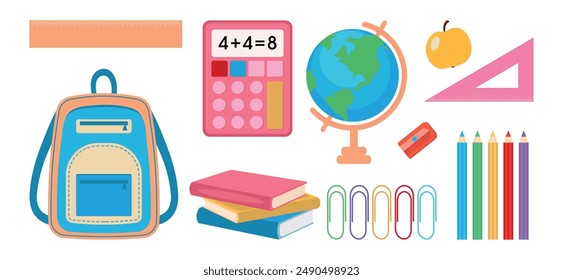 Set of school supplies. Backpack, books, globe, rulers, pencils, calculator, paper clips, sharpener. Vector.