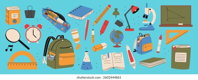 Set of school supplies. Backpack, books, magnifying glass, alarm clock, microscope, pencil case, eraser, globe. Hand drawn illustration