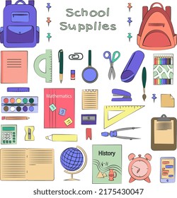 set of school supplies, backpack, color isolated illustration, vector