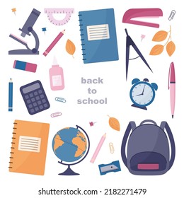 set of school supplies with backpack, globe, alarm clock, pencils and more