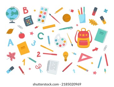 A set of school supplies: backpack, pencils, brushes, paints, ruler, calculator, books, globe. Back to school. A set of icons. Cute colorful vector illustration in a flat cartoon style