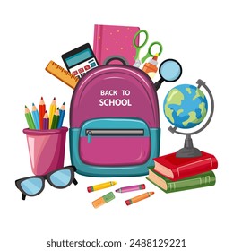 Set of school supplies: backpack, pencils, brushes, paints, ruler, scissors, textbooks, glasses, calculator, books, glue, globe, eraser. Kids' cute stationery items. Back to school. Flat illustration.