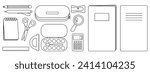 Set of school supplies. Book, notebook, pencil, pen, calculator, scissors, ruler, pencil case, sharpener. Black outline on white background. Vector illustration for coloring book.