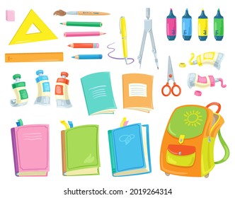 Set of school supplies. Books, exercise books, pens, pencils, compass, paints, brush, eraser, scissors, rulers and backpack. In cartoon style. Isolated on white background. Vector flat illustration