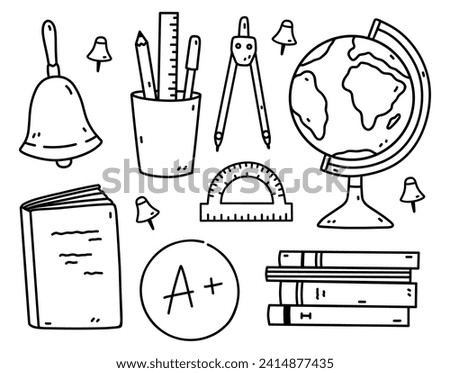 A set of school supplies - books and notebooks, a globe, compasses, rulers, pins, glass with stationery. Vector hand-drawn illustration in doodle style. Perfect for logo, decorations, various designs.