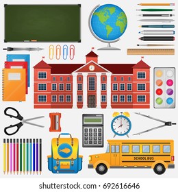 A set of school supplies with a school building, bus, backpack, pencils, pens, school board, globe, scissors, notebooks, books, calculator, compass, alarm clock vector illustration flat