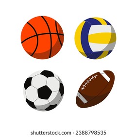 Equipo de suministros escolares. Colección de bolas para educación física y varios deportes. Fútbol y baloncesto. Estilo de vida activo. Ilustraciones de caricaturas de vectores planos aisladas en fondo blanco