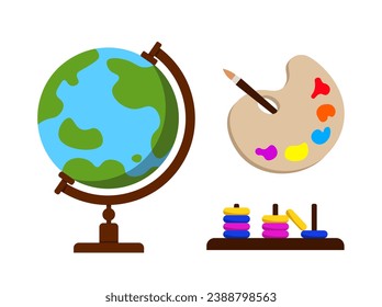 Set of School supplies. Collection of colorful icons with geographic globe, paint palette, brush and abacus. Back to school. Cartoon flat vector illustrations isolated on white background