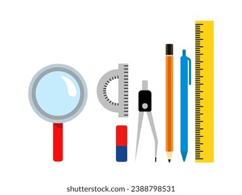 Set of School supplies. Collection of stationery for education and lessons. Magnifying glass, eraser, ruler, pen, pencil. Back to school. Cartoon flat vector illustrations isolated on white background