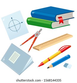 Set of school supplies. Color images of textbooks, pencil, rulers, pen and notebook on white background. Vector illustrations for kids.