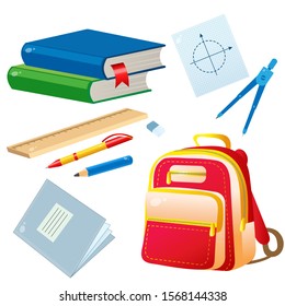 Set of school supplies. Color images of textbooks, pencil, rulers, pen, notebook and satchel on white background. Vector illustrations for kids.