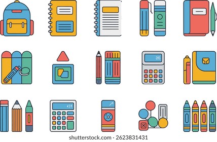 Set of school supplies. Colorful items for education. Vector icon illustration