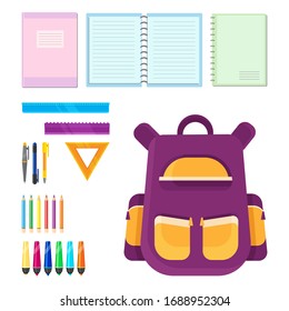 Set of school supplies. Colorful objects in cartoon style.