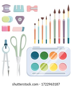 Set of school supplies. Colorful objects in cartoon style.