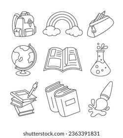 Set of school supplies. Coloring Page. Back to school. Stationery, books, brushes and others. Vector drawing. Collection of design elements.