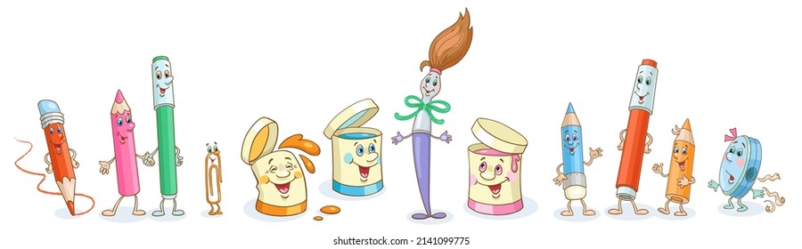 Set of school supplies for creativity. Funny paints, pencils, brush, paperclip and pencil sharpener. In cartoon style. Isolated on white background. Vector illustration.