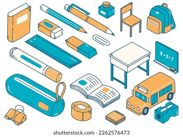 Set of School Supplies Design Element in Isometric Doodle Style Illustration