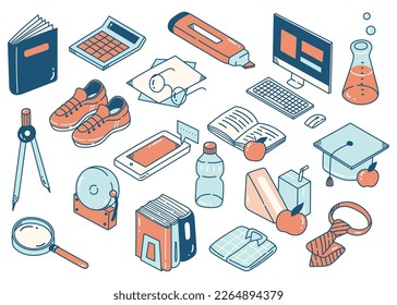 Set of School Supplies Design Element in Isometric Doodle Style Illustration