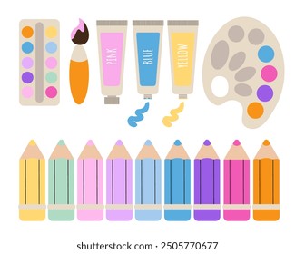 Set of school supplies for drawing. Paint brush, watercolor and acrylic paints, colored pencils, palette. Vector illustration in flat style