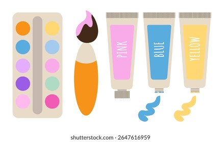 Set of school supplies for drawing. Paint brush, watercolor and acrylic paints. Vector illustration in flat style