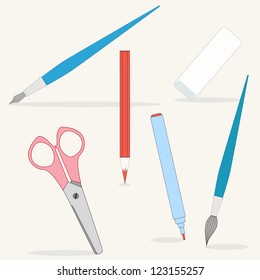 Set of school supplies. Drawing tools. Colored pencil, pen, felt tip pen, brush, eraser, scissors. Easy to change colors. Isolated objects.