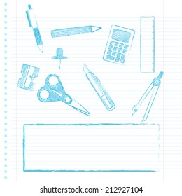 Set of school supplies drawn in a notebook background. Copy space. School supplies with copy space