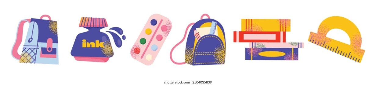 Set of school supplies and education colorful stickers. Back to school kids education concept. Backpack, book, paints, ruler, pencil, brushes. Vector illustration isolated on background