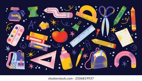 Set of school supplies and education colorful stickers. Back to school kids education concept. Backpack, book, paints, ruler, pencil, brushes. Vector illustration isolated on background